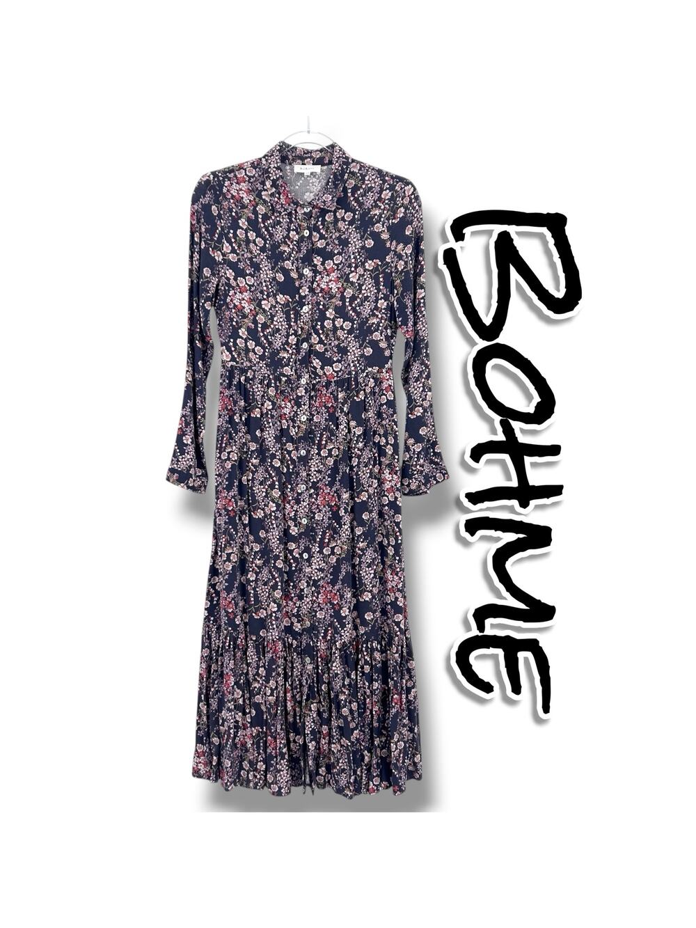 Böhme Floral Button Front Midi Dress XS Navy Pink Long Sleeve Cottagecore Boho